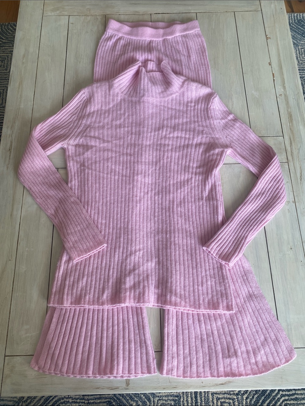 Something Navy Pink Wool Cashmere Sweater & Flare Pants Set Small Medium